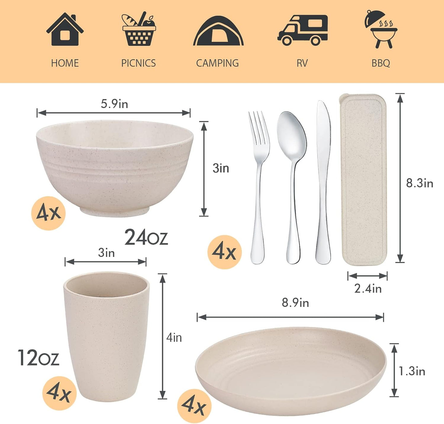 28PCS Kitchen Wheat Streaw Dinnerware Sets for 4, Wheat Straw Plates and Bowls Sets, College Dorm Kitchen Dinnerware Dishes Set Cutlery Set (Beige)