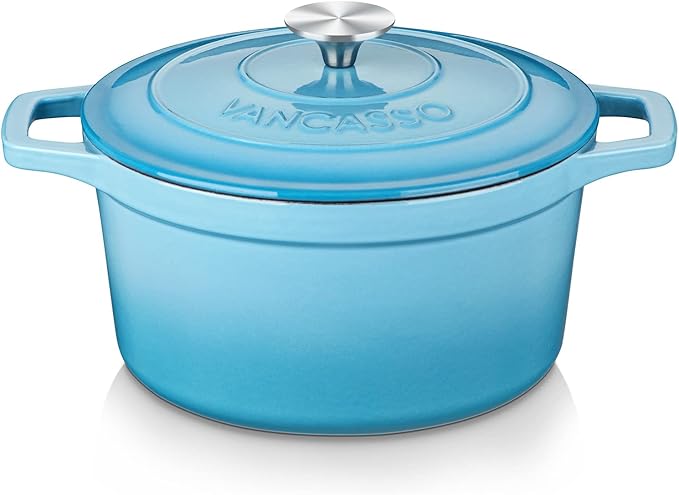 vancasso 7.5 QT Enameled Cast Iron Dutch Oven with Lid - Nonstick Enamel Coating, Tight-Sealing Pot for Bread Baking, Braising, Soups & Stews, Oven/Stovetop/Grill Safe, Blue