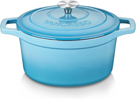 vancasso 7.5 QT Enameled Cast Iron Dutch Oven with Lid - Nonstick Enamel Coating, Tight-Sealing Pot for Bread Baking, Braising, Soups & Stews, Oven/Stovetop/Grill Safe, Blue