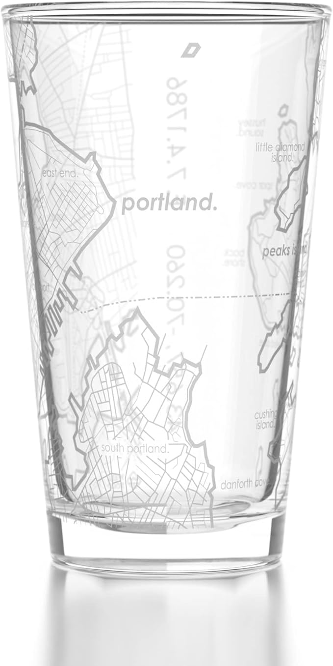 Well Told Engraved Portland Maine Map Pint Glass, Etched Beer Gift (16 oz, Clear) City Map Pint, Custom City Glassware, Gifts For Beer Lovers