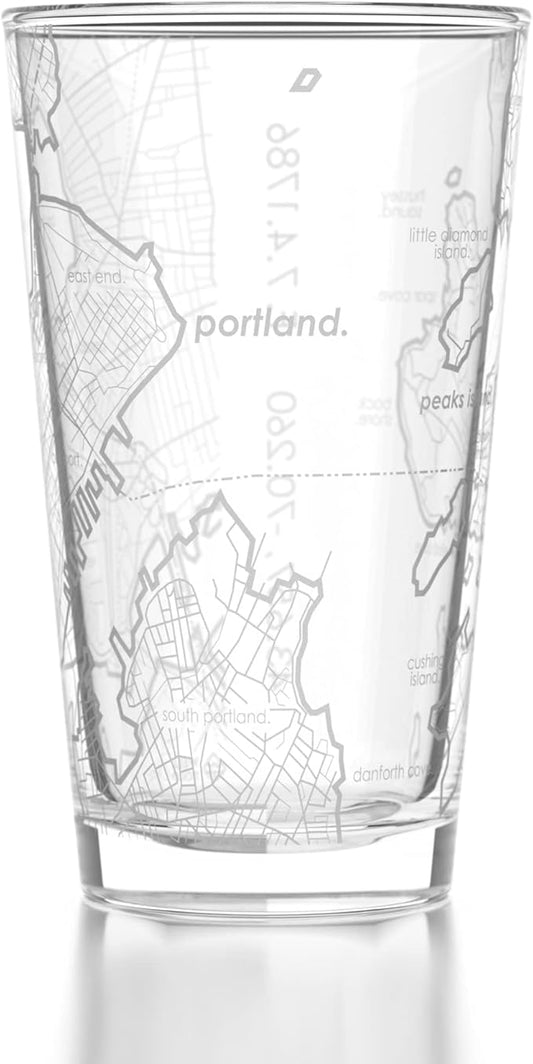 Well Told Engraved Portland Maine Map Pint Glass, Etched Beer Gift (16 oz, Clear) City Map Pint, Custom City Glassware, Gifts For Beer Lovers