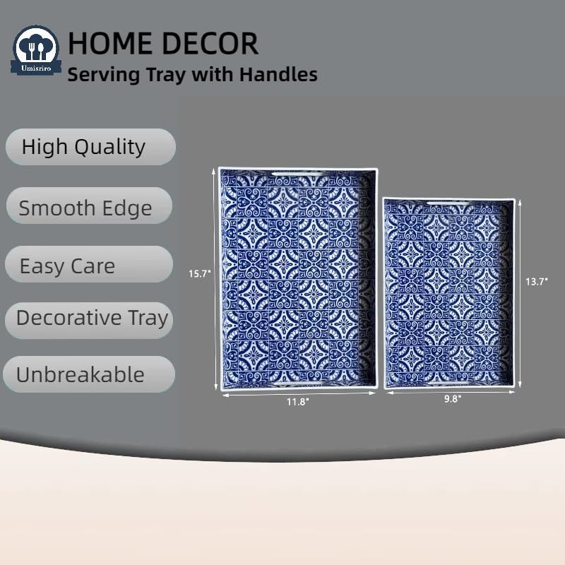 2 Pack Serving Tray with Handles, Rectangular Decorative Trays for Coffee Table, Modern Blue Plastic Ottoman Tray for Living Room, Bathroom, Kitchen, Decor, (Boho Blue)