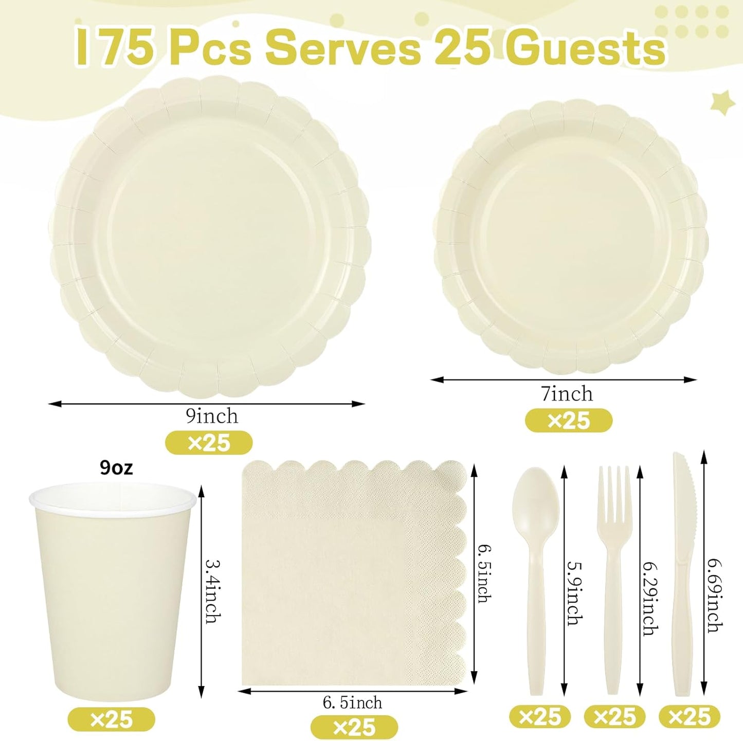 175 Pcs Ivory Plates and Napkins, Beige Party Supplies Include Scalloped Cream Paper Plates Napkins Cups Thanksgiving Plate Set for Birthday, Wedding, Bridal&Baby Shower