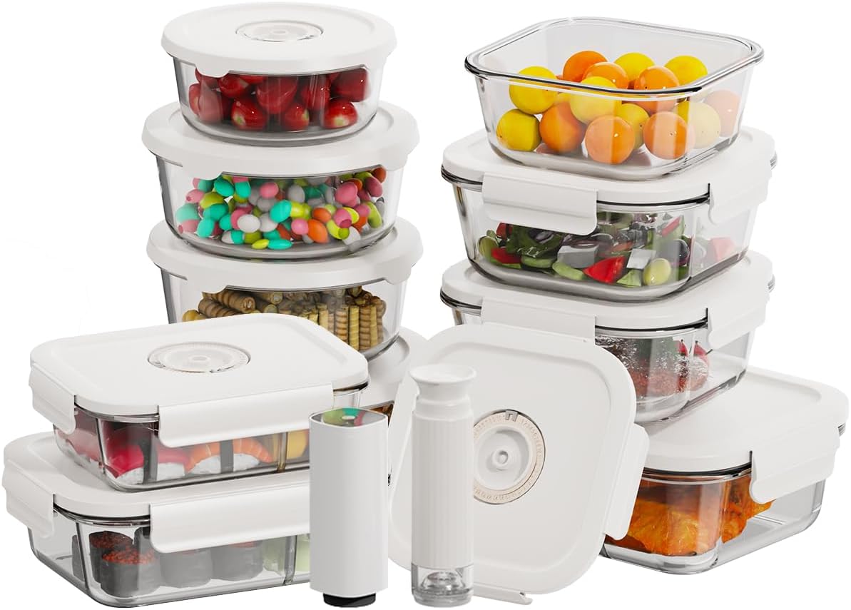 HOLDN’ STORAGE Vacuum Food Storage Containers, Set of 10 Glass Containers with Electronic & Manual Pump - Keep Food Fresh Longer, BPA-Free Glass, Leak-Proof, Ideal for Meal Prep, Marinating