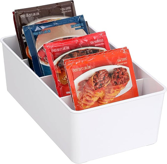 BSTKEY Seasoning Packet Organizer, Food Storage Organizer with Divided 4 Compartments, Plastic Storage Caddy for Kitchen Pantry Cabinet, Kitchen Organization Bin for Snacks Spice Packets