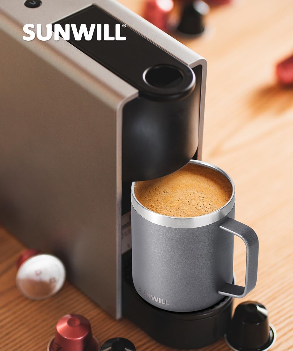 SUNWILL Travel Coffee Mug with Lid, Insulated Tumbler with Handle, 14 oz Stainless Steel Cup for Ice, Water, Tea, Powder Coated Cool Grey