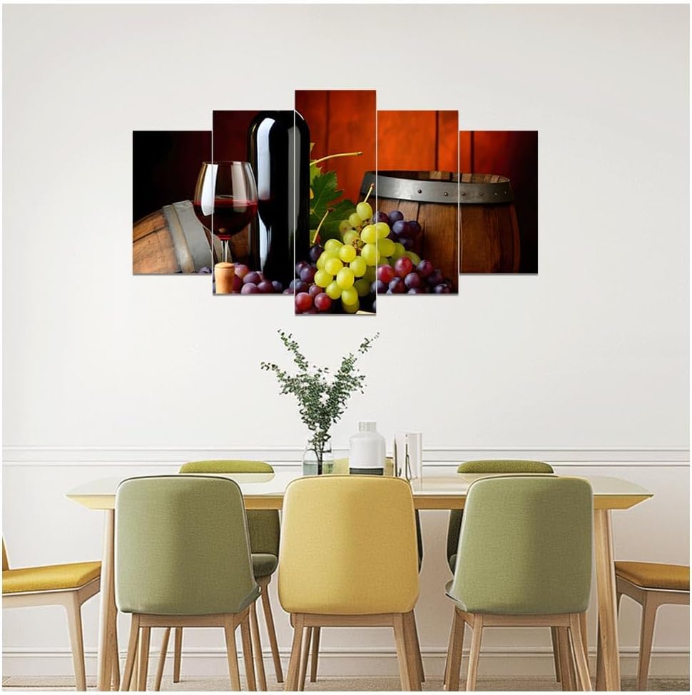 DOARTDO 5 Pieces Kitchen Wall Art Wine and Fruit Grape Pictures Food Canvas Prints Red Wine Cups Painting Large Kitchen Dining Room Bar Cellar Decor Framed (Red, (10x16inx2 10x20inx2 10x24inx1))