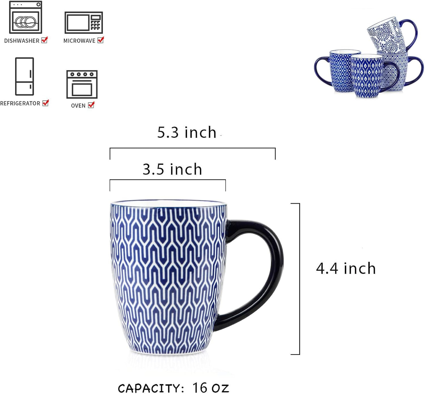 Selamica Ceramic Coffee Mugs Set of 4, 16 OZ Coffee Mug with Handle, Large Coffee Cups for Cappuccino, Tea, Mocha, Cocoa, Dishwasher Microwave Safe, Vintage Blue