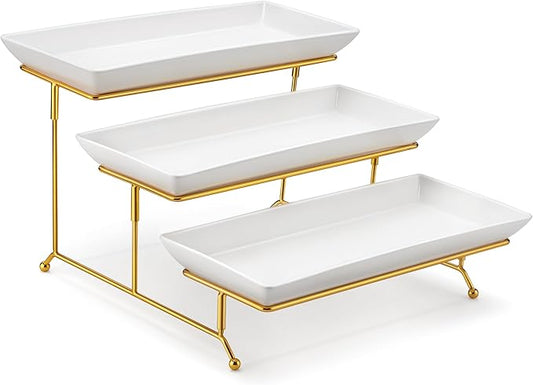 MALACASA 3 Tier Serving Trays for Party, 14 Inch Porcelain White Trays for Serving Food, Dessert Stand with Collapsible Gold Metal Rack