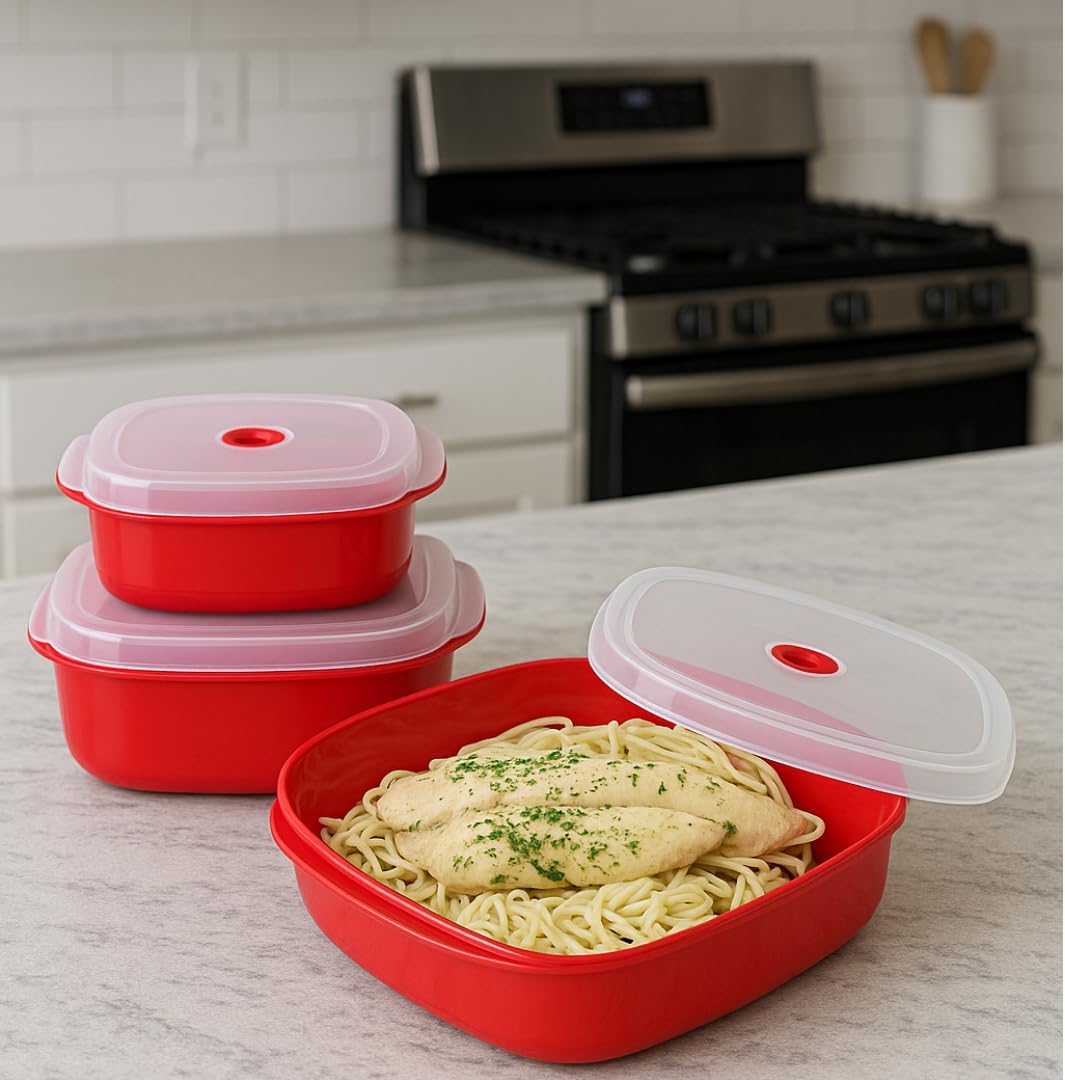 Reston Lloyd Nesting Microwave Containers, Set of 3, Adjustable Steam Vents, Airtight, Meal Prep, Durable BPA-Free Plastic- Freezer & Dishwasher Safe, Cookware & Food Storage, Anyday Cookware, Indigo
