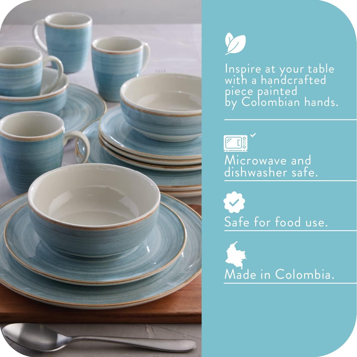 Corona 16-piece Rustic and Modern Hand-Painted Details Ceramic Dinnerware Sets, Plates, Bowls and Mugs, Service For 4, Blue Caoba
