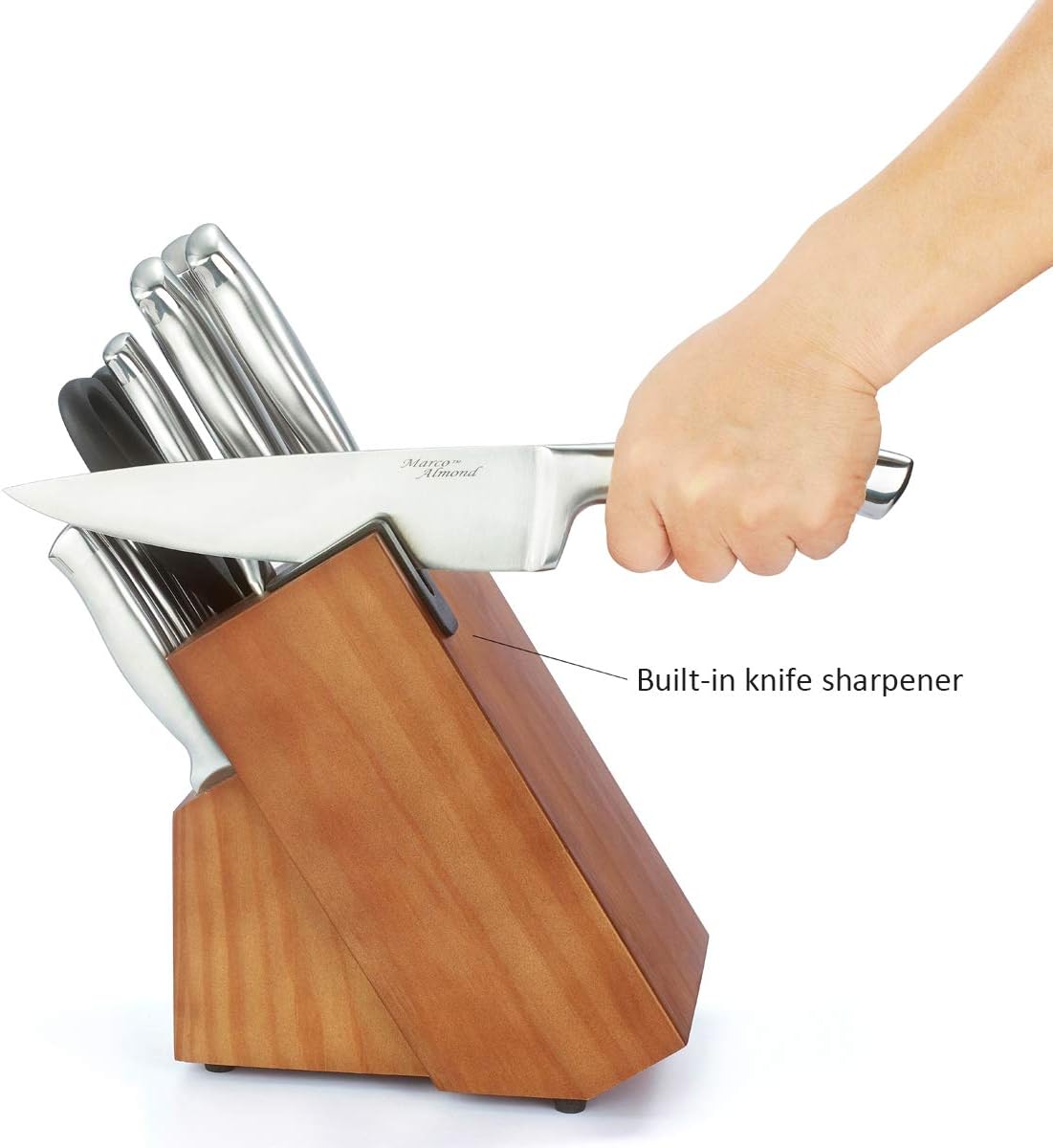 Marco Almond® Knife Block Set, KYA26 Knife Set with Block, 14 Pieces Stainless Steel Chef Kitchen Knives with Built-in Sharpener