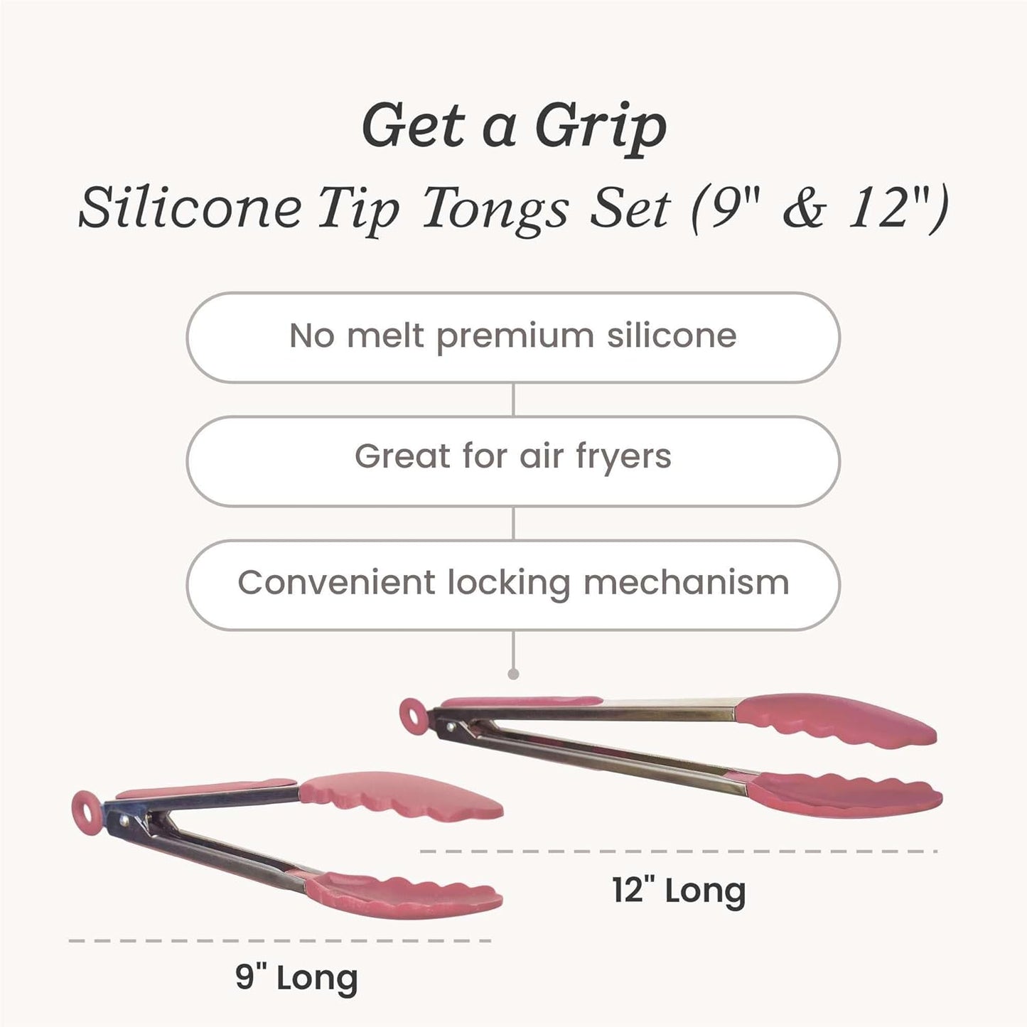 Starpack 'Get a Grip' Silicone Kitchen Tongs for Cooking (2Pcs) - BBQ Tongs for Grill Heat Resistant to 600°F - Stainless Steel Kitchen Utensils w/Non Stick Silicone Tips - 9",12" for Serving Food
