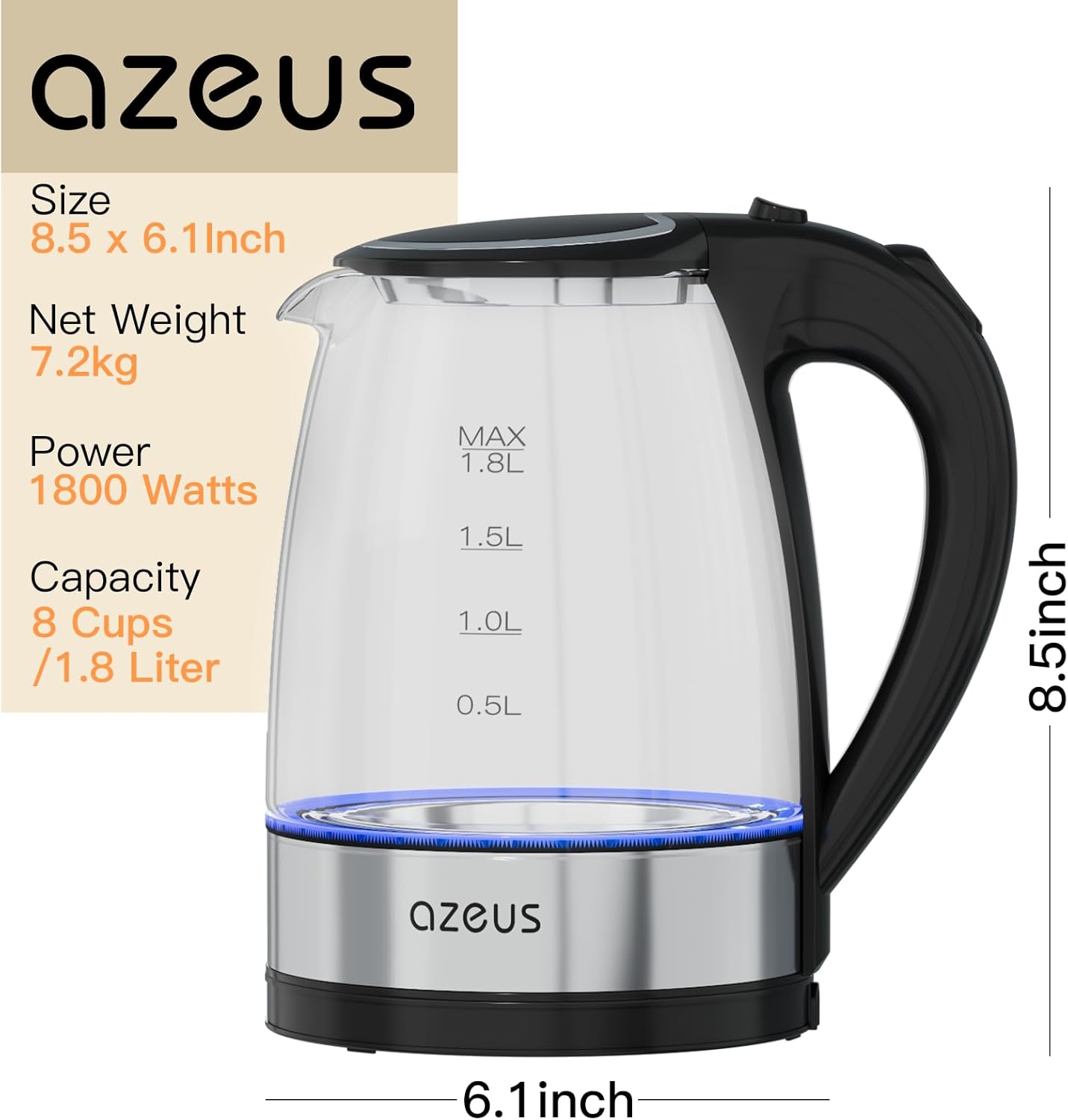 Azeus 1.8L Electric Kettle CX-817 - Fast Boil, Auto Shut-Off, Boil-Dry Protection, 360° Swivel Base - Stainless Steel Water Boiler for Tea, Coffee, and Hot Water