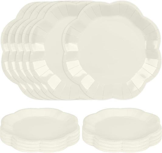 30 Pcs Ivory Paper Plates - 9 Inch Scalloped Dessert Plates Disposable Ivory Birthday Party Supplies Dinner Plates for Wedding Baby Shower Birthday Party