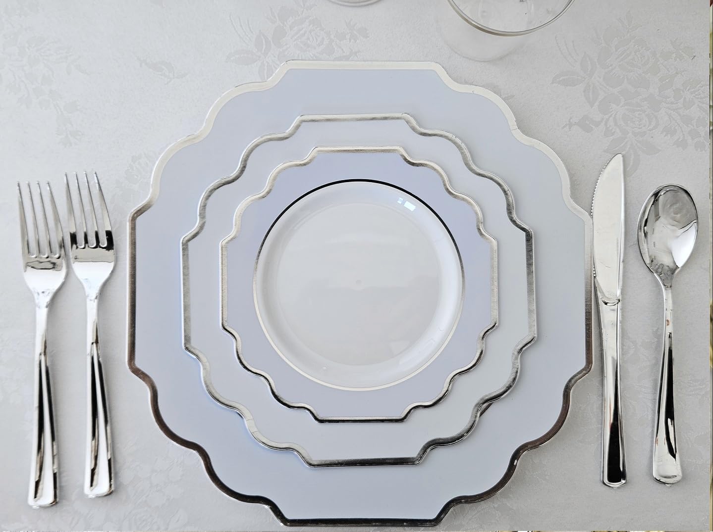 " OCCASIONS " 240 Plates Pack (120 Guests) Heavyweight Wedding Party Disposable Plastic Plates Set -120 x 10.5'' Dinner + 120 x 8'' Salad/Dessert Plate (Imperial in White/Blue & Silver)
