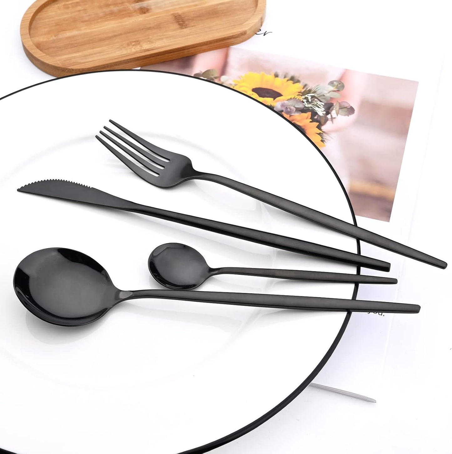 24-Piece Mirror Black Polished Flatware, 18/0 Stainless Steel Dinnerware Set Include Knife Fork Spoon Teaspoon Cutlery Set For Home Restaurant and Party Service For 6, Dishwasher Safe