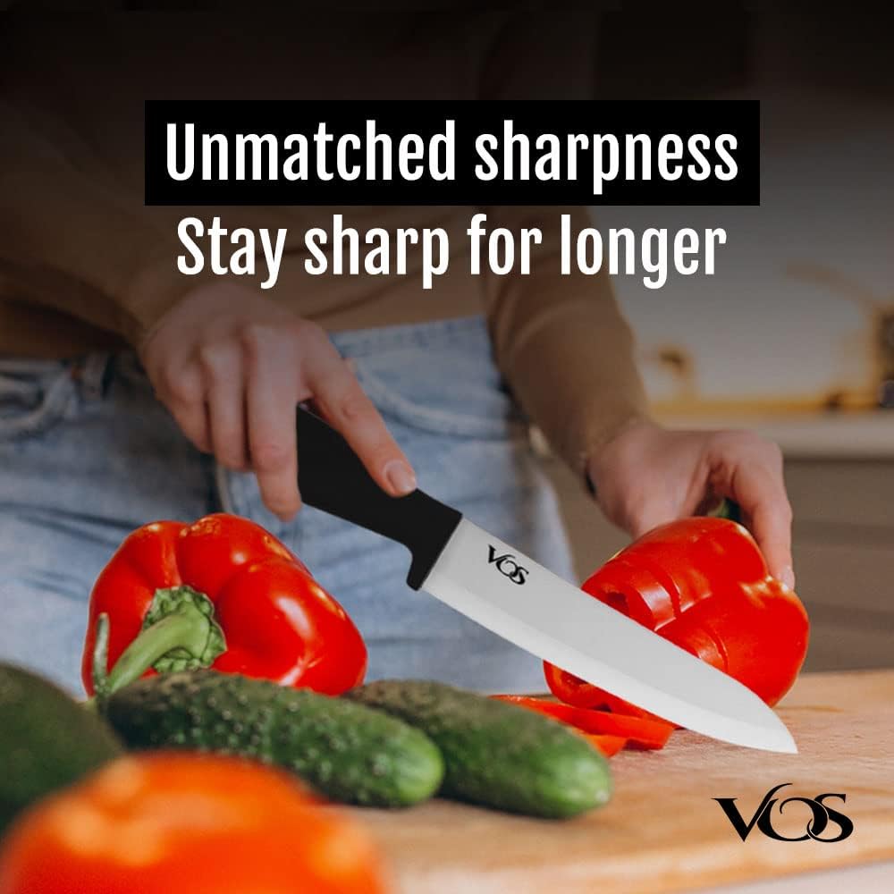 Vos Ceramic Knife Set with Peeler, Ceramic Knives Set For Kitchen, Ultra Sharp Kitchen Knife Set with Covers, 3" 4" 6" Paring, Utility & Chef Knife, Lightweight, Dishwasher safe (Black Handle)