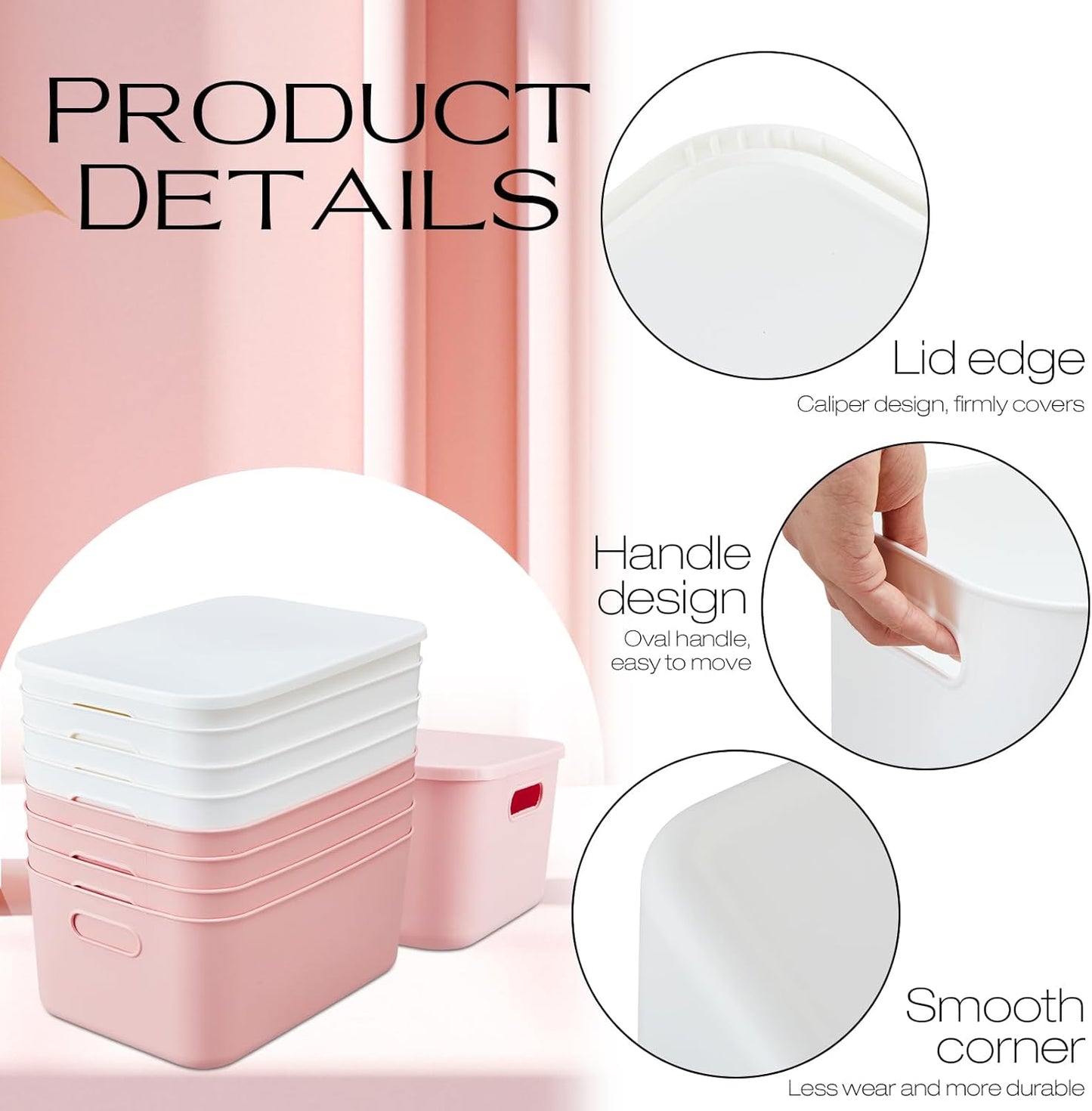 Hoolerry 8 Pieces Colorful Storage Bins with Lid, Plastic Storage Basket Organizing Container Stackable Box with Handle for Shelves Desktop Playroom Office(13.8 x 9.8 x 5.9 Inch,White and Pink)
