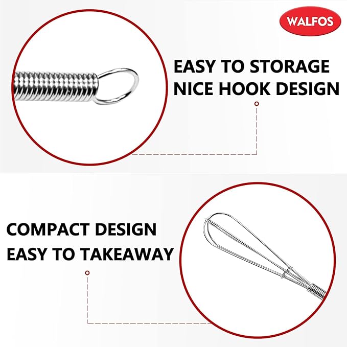 Walfos Whisk,304 Stainless Steel Mini whisk,Small Whisk.6in Long-Handle Non Rust Whisks Nice for stirring individual eggs and mixing small amounts of powder and sauce.Dishwasher Safe.(5+7+10in)
