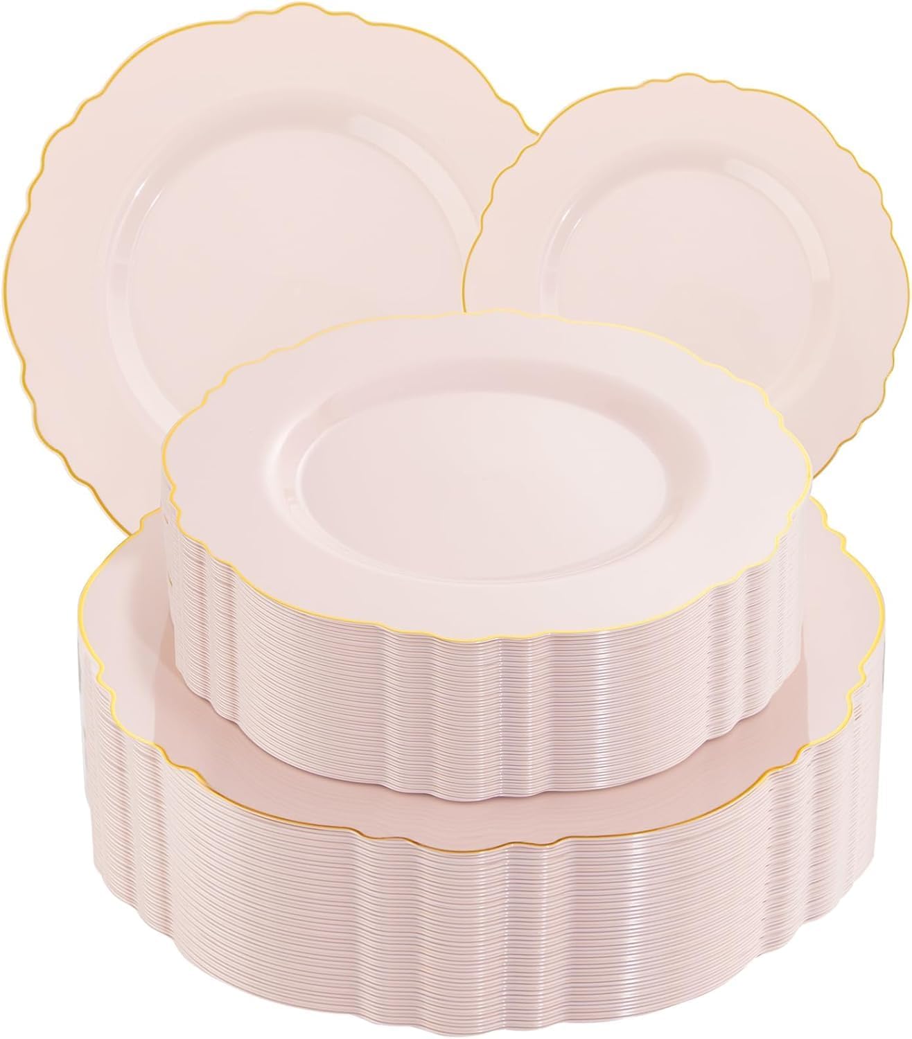 WDF 100pcs Pink Plastic Plates - High-end Baroque Design - Pink and Gold Plates for Upscale Party & Baby Shower - Including 50 Disposable Plate 10.25inch, 50Salad Plate 7.5inch