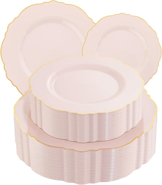 WDF 100pcs Pink Plastic Plates - High-end Baroque Design - Pink and Gold Plates for Upscale Party & Baby Shower - Including 50 Disposable Plate 10.25inch, 50Salad Plate 7.5inch