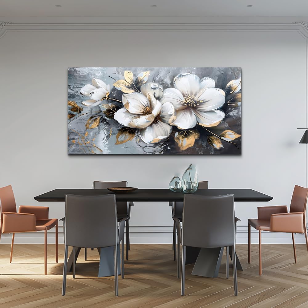 KELIYUAN Large Canvas Wall Decor Living Room For Wall Art For Bedroom Office Decorations Abstract White Flowers Wall Paintings Pictures Artwork Modern Framed Posters Home Decor Aesthetic 30"x60"