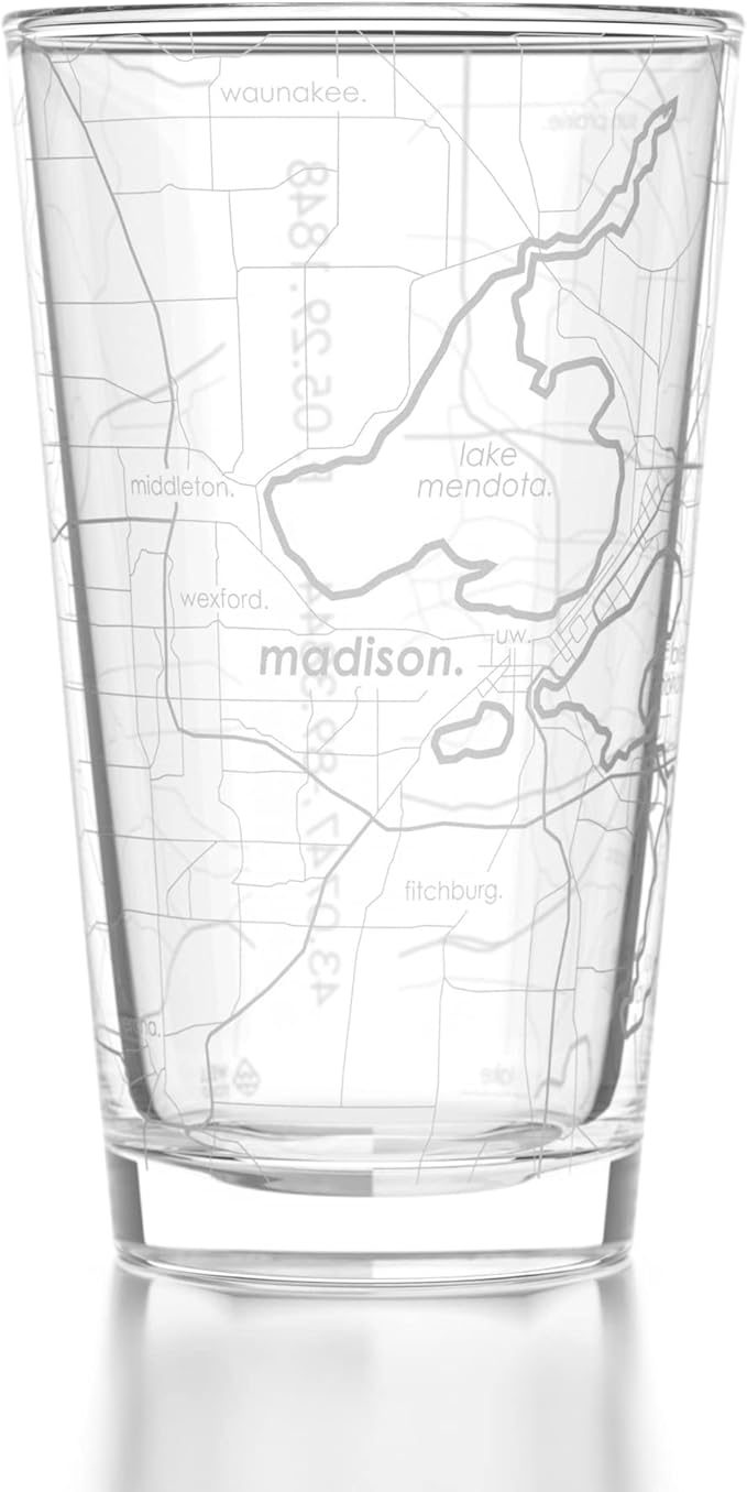 Well Told Engraved Madison Wisconsin Map Pint Glass, Etched Beer Gift (16 oz, Clear) City Map Pint, Custom City Glassware, Gifts For Beer Lovers