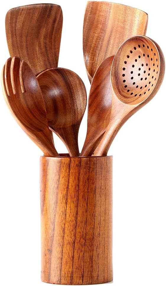 Kitchen Utensils Set, NAYAHOSE Wooden spoons for Cooking Non-stick Pan Kitchen Tool Wooden Cooking Spoons and Wooden utensil storage wooden barrel