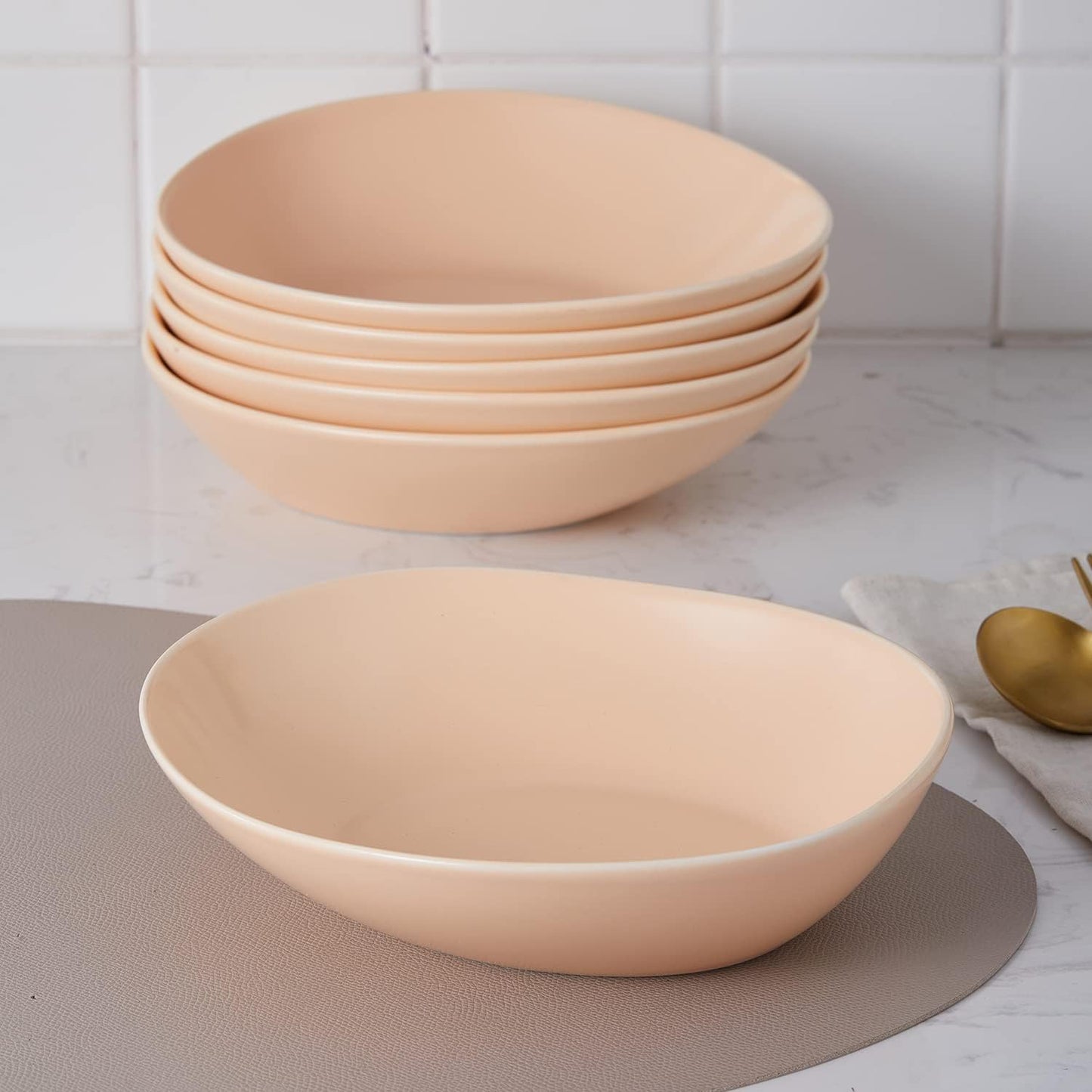 Stone Lain Delilah 8-inch Bowl 6-Piece Dish Set, Porcelain, Pastel Orange