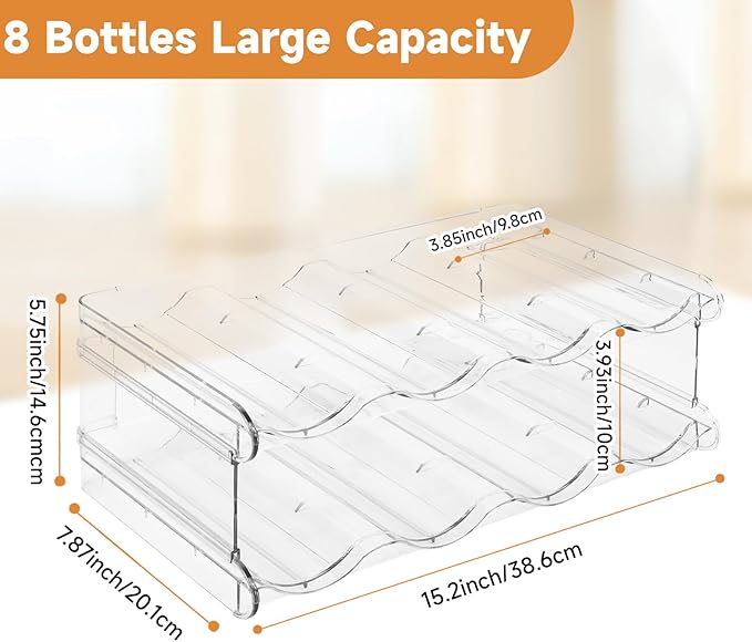 Stackable Water Bottle Organizer, SPOSPO Large Compartment Water Bottle Holder, 2 Tier Clear Water Bottle Organizer for Cabinet, Water Bottle Rack for Kitchen Organization and Storage - Hold 8 Bottles
