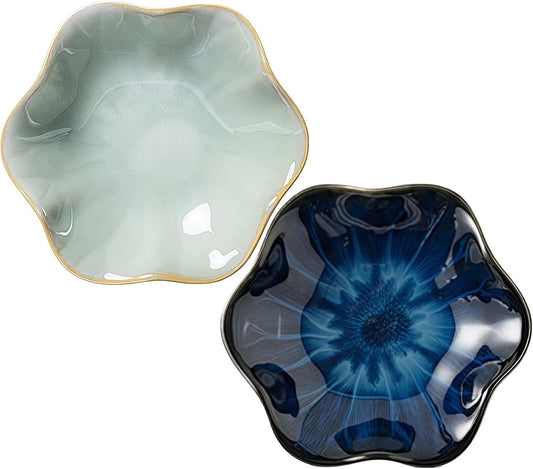 2Pcs Ceramic Jewelry Dish - Lotus Leaf Shape, for Ring Holder Necklace Small Key, Suitable for Mother Friend Sister, Gifts for Women, Cute Plate Trinket Tray, Home Decor (Green & Blue)