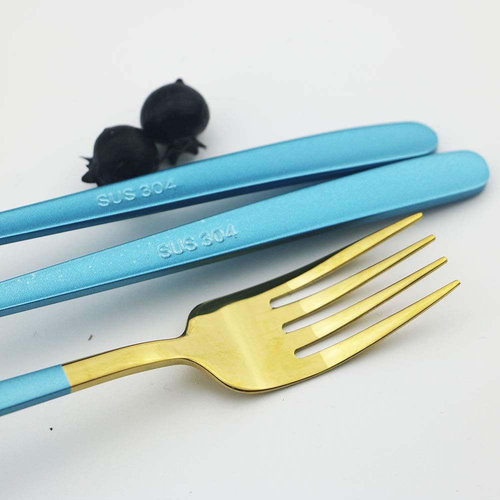 JASHII 20-Piece Silverware Set with Serving Utensils, SUS304 Stainless Steel Flatware Cutlery Set for 4, Eating Utensil Tableware Sets, Mirror Finish(Blue gold)