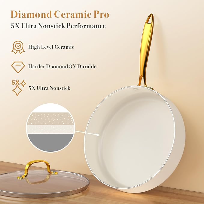 PekGema Ceramic Cookware Set 15-Pieces, Pots and Pans Set Non Stick, Oven Safe Non Toxic, Kitchen Cookware Set, PFOA PTFE FREE, Gold White