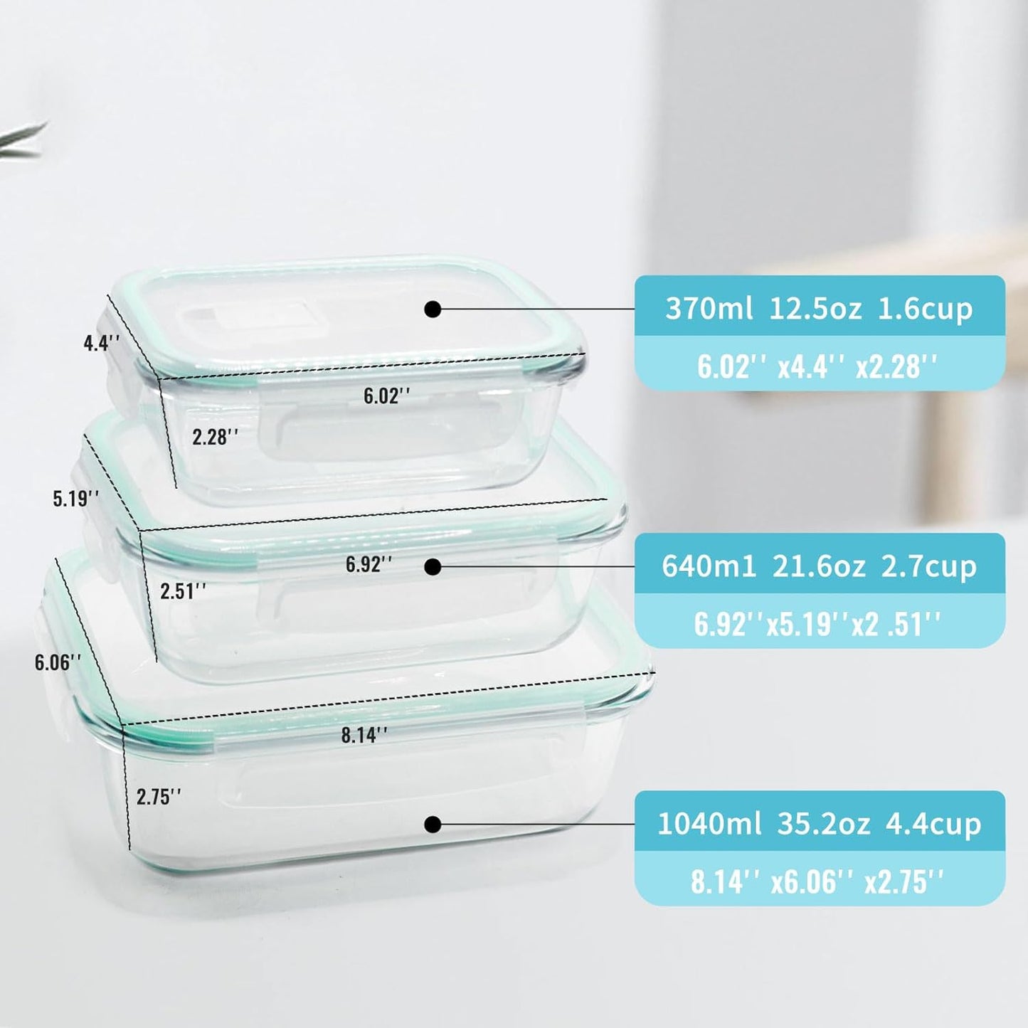 3 Piece Glass Food Storage Container Set Sealed Reusable Pantry Kitchen Storage Container Glass Lunch Prep Container Lunch Box, Microwave, Refrigerator and Dishwasher.