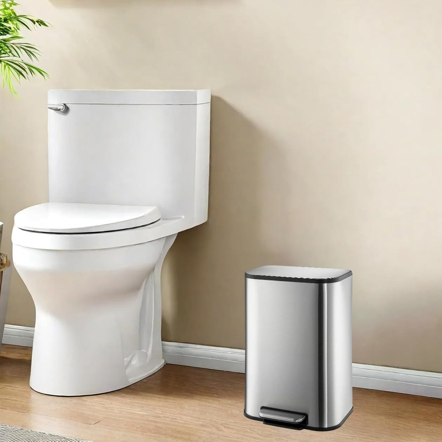 Bathroom Trash Can with Lid, 3.2 Gallon Stainless Steel Garbage Can with Step-On Pedal and Inner Bucket, Rectangular Trash Can for Kitchen Office Living Room Small Spaces (12 L, Silver)