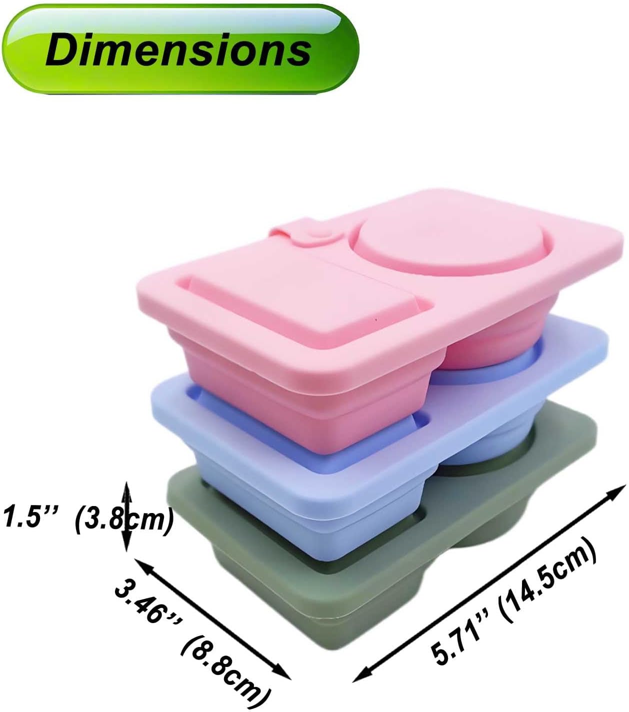 3 Pack Reusable Silicone Snack Container with Lids, Leak-Proof 2 Compartment Food Storage Box for Sauces, Fruits, Candy, Microwave Safe Collapsible Snackle Take-out Lunch Portable Kitchen Boxes