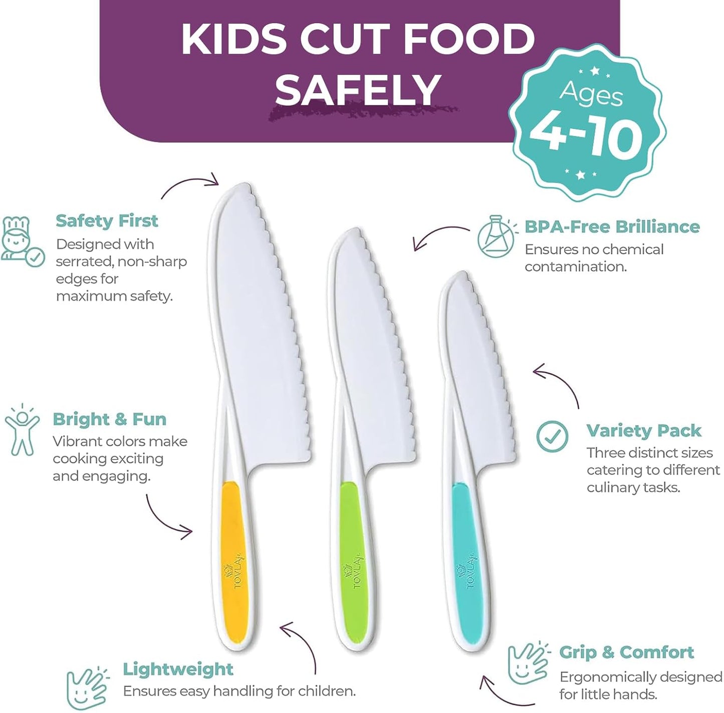 Tovla Jr. Kid Safe Knife Set for Real Cooking | 3-Piece Toddler Kitchen Knives | Montessori & STEM Cooking Tools Ages 4–12 | BPA-Free, Dishwasher-Safe | Christmas, Birthday & Stocking Stuffer Gift