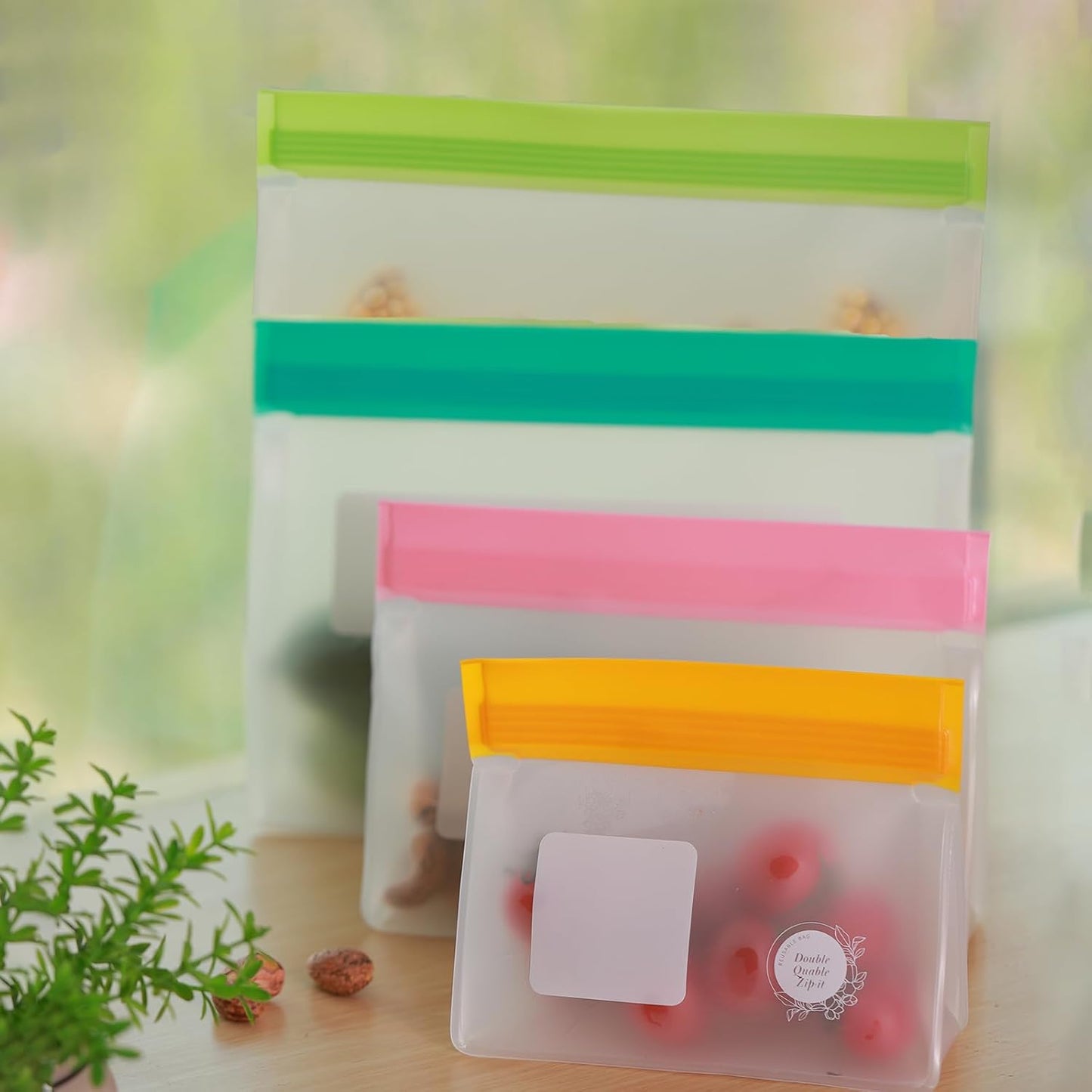 Reusable Food Storage Bags – 6-Pack Stand-Up, BPA-Free, Freezer, Dishwasher Safe & Eco-Friendly – 6 Gallon Bags – Airtight Leakproof, Organization and Storage Baggies (Multicolor (Green))