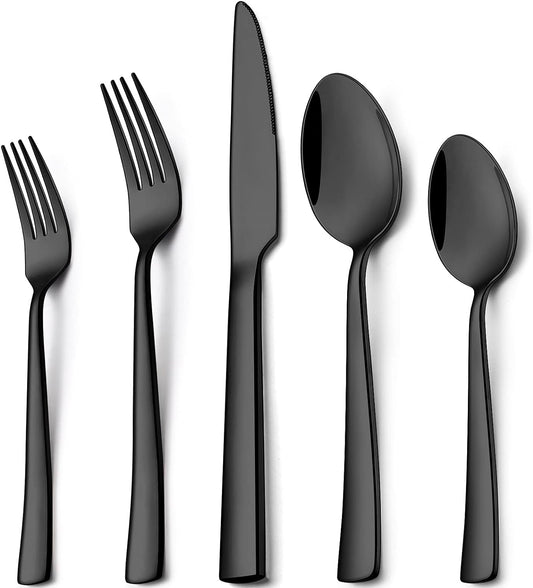 Wildone 60-Piece Black Silverware Set, Stainless Steel Flatware Square Cutlery Set Service for 12, Eating Utensils Include Knife Fork Spoon, Mirror Polished & Dishwasher Safe