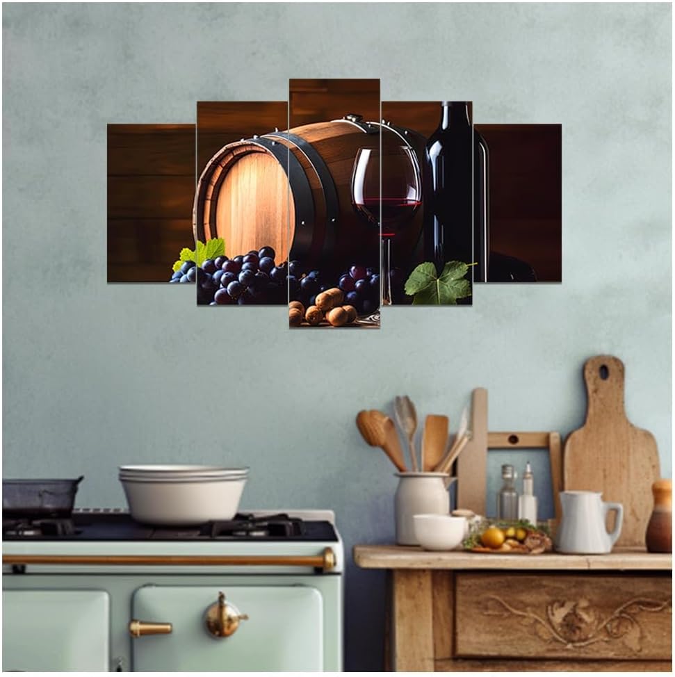 DOARTDO 5 Pieces Kitchen Wall Art Wine and Fruit Grape Pictures Food Canvas Prints Red Wine Cups Painting Large Kitchen Dining Room Bar Cellar Decor Framed (Black, (16x24inx2 16x32inx2 16x40inx1))