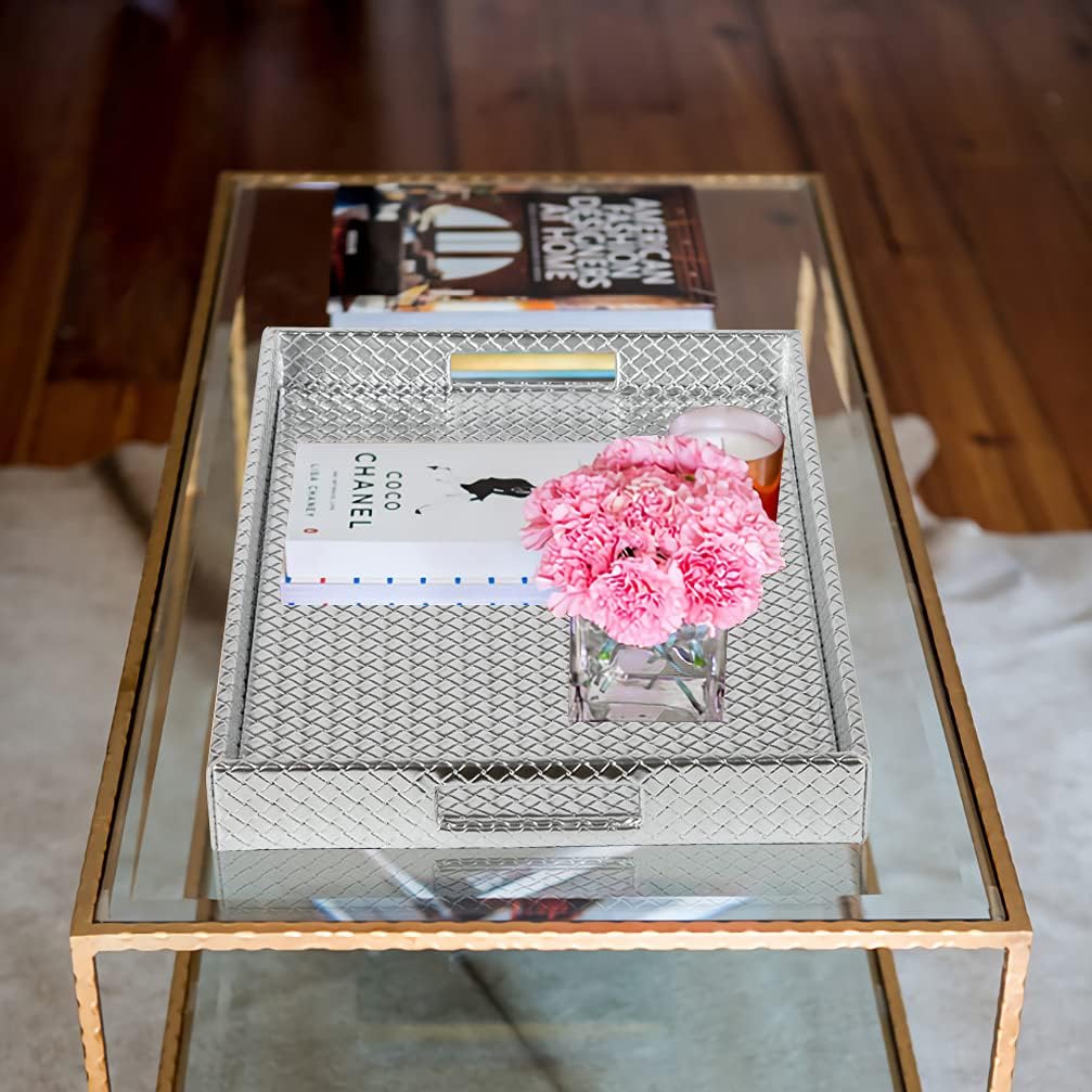 HofferRuffer Rectangle Serving Tray with Hole Handles for Coffee Table, Breakfast, Tea, Food, Butler - Countertop, Kitchen, Vanity Serve Tray, 16.2 x 12.2 x 2 inches, Faux Leather (Silver)