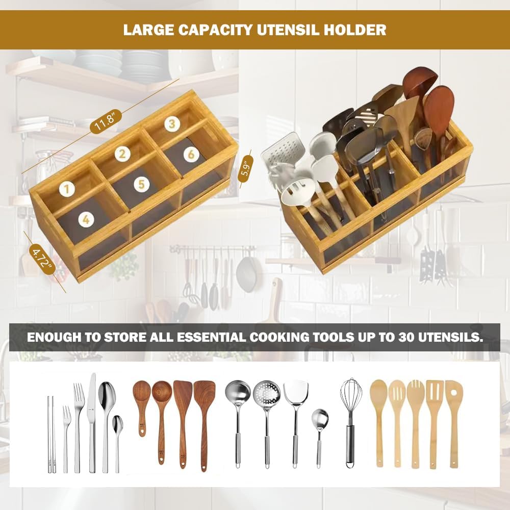 Utensil Holder for Kitchen Counter,Large Utensil Holder with Absorbing Drying Stone Mat,Bamboo Utensil Organizer with 6 Compartments,Silverware Caddy&Cooking Utensil Organizer for Kitchen Decor
