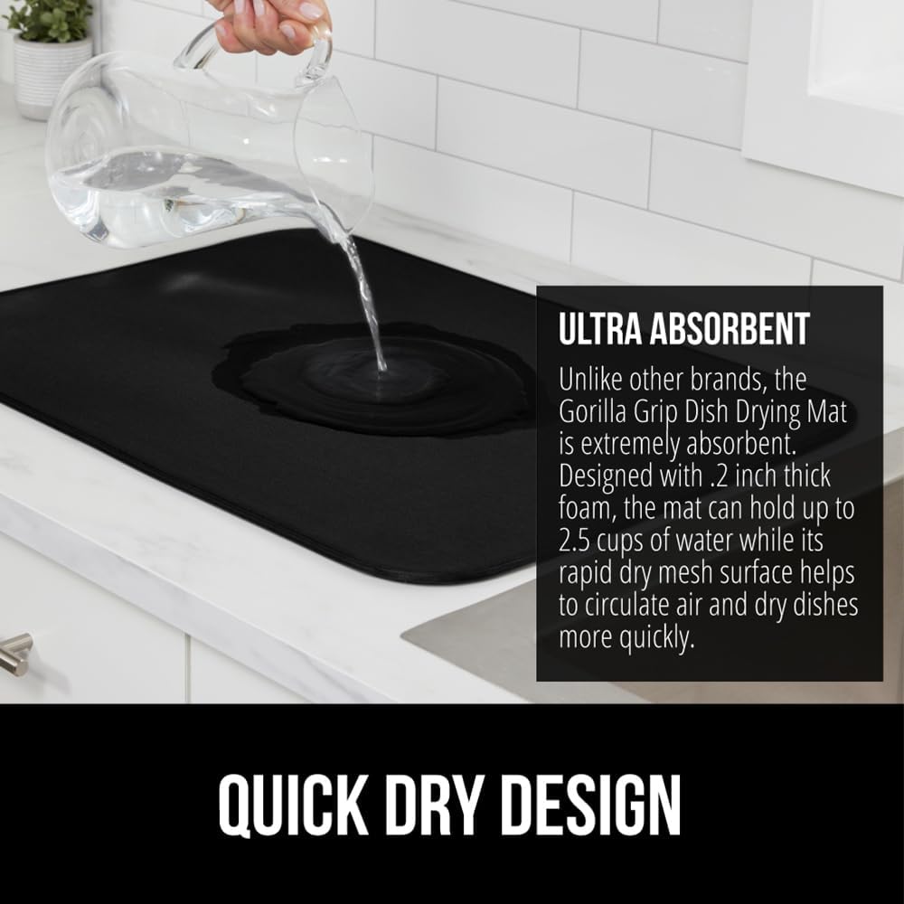 GORILLA GRIP Ultra Water Absorbent Microfiber Dish Drying Mat, 18x32, Quick Dry Thick Mesh, Slip Resistant Pad for Sink Dishes or Under Rack, Kitchen Counter Accessories, Machine Wash Mats, Black