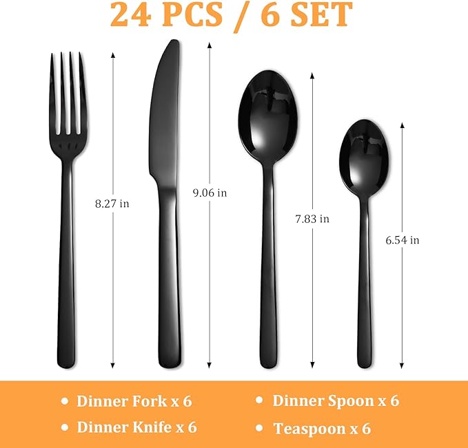 KOOMADE-Elysian -24 Piece Set Black Stainless Steel Home Kitchen Flatware Include Forks Spoons Knives Great for Family Gatherings & Daily Use