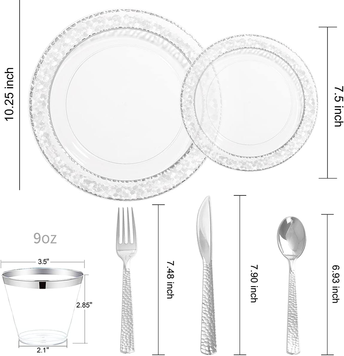 Ciaell 150PCS Clear Silver Plastic Plates - Silver Disposable Plates include 25Dinner Plate, 25Dessert Plate, 25Forks, 25Knives, 25Spoons, 25Cups for Weddings & Parties