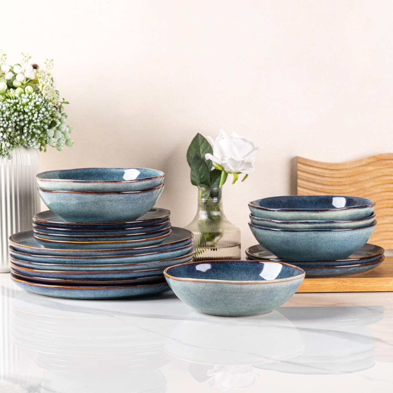 AmorArc Ceramic Dinnerware Sets,Handmade Reactive Glaze Stoneware Plates and Bowls Set,Highly Scratch Resistant | Dishwasher & Microwave Safe,Service for 4 Dishes Set - Reactive Blue(12pc)
