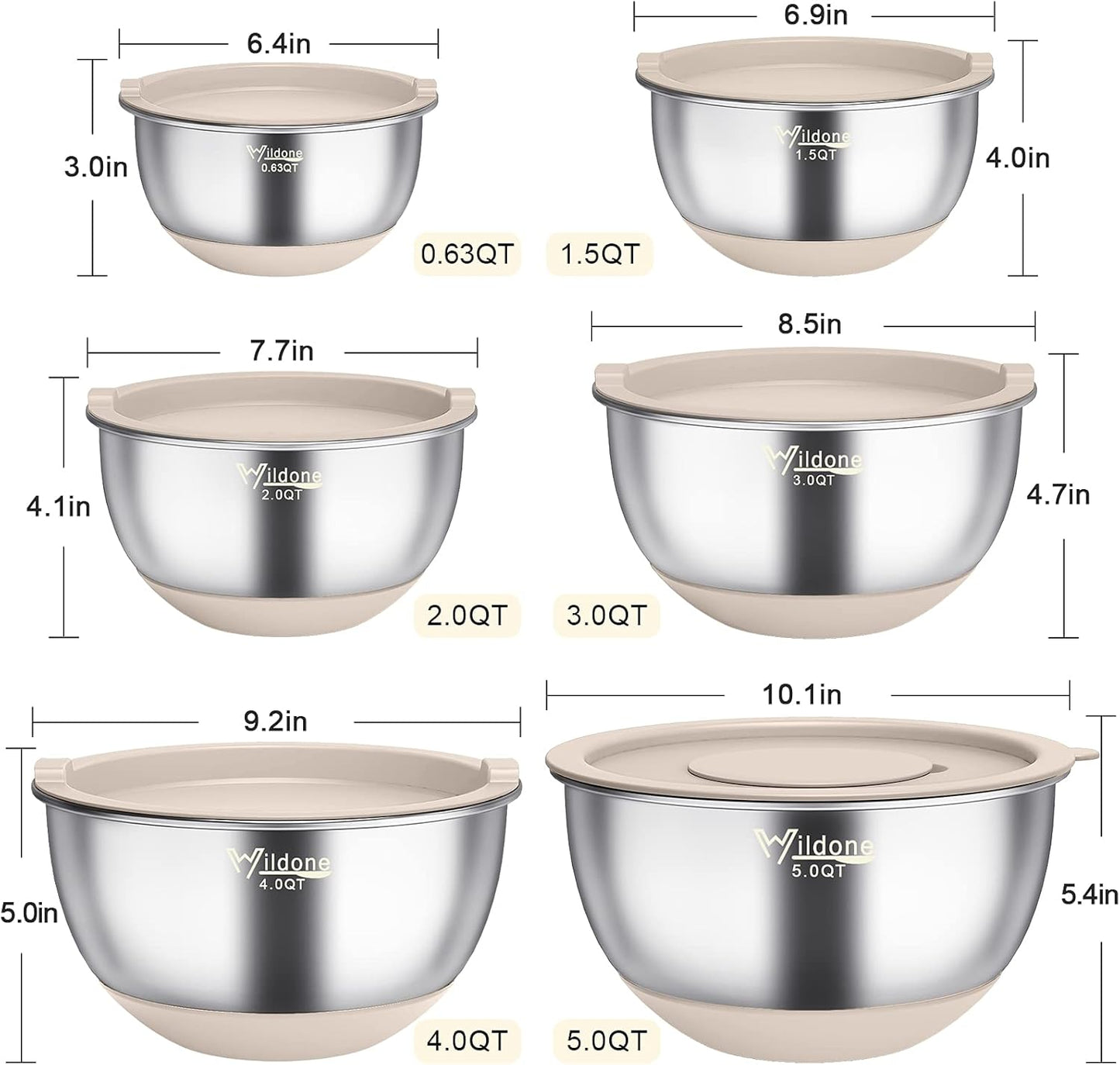 Wildone Mixing Bowls with Airtight Lids, 22 PCS Stainless Steel Nesting Bowls, with 3 Grater Attachments, Scale Marks & Non-Slip Bottom, Size 5, 4, 3, 2,1.5, 0.63QT, Ideal for Mixing & Prepping