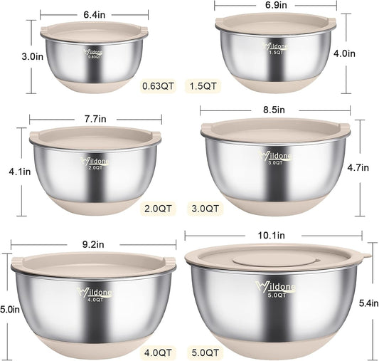Wildone Mixing Bowls with Airtight Lids, 22 PCS Stainless Steel Nesting Bowls, with 3 Grater Attachments, Scale Marks & Non-Slip Bottom, Size 5, 4, 3, 2,1.5, 0.63QT, Ideal for Mixing & Prepping