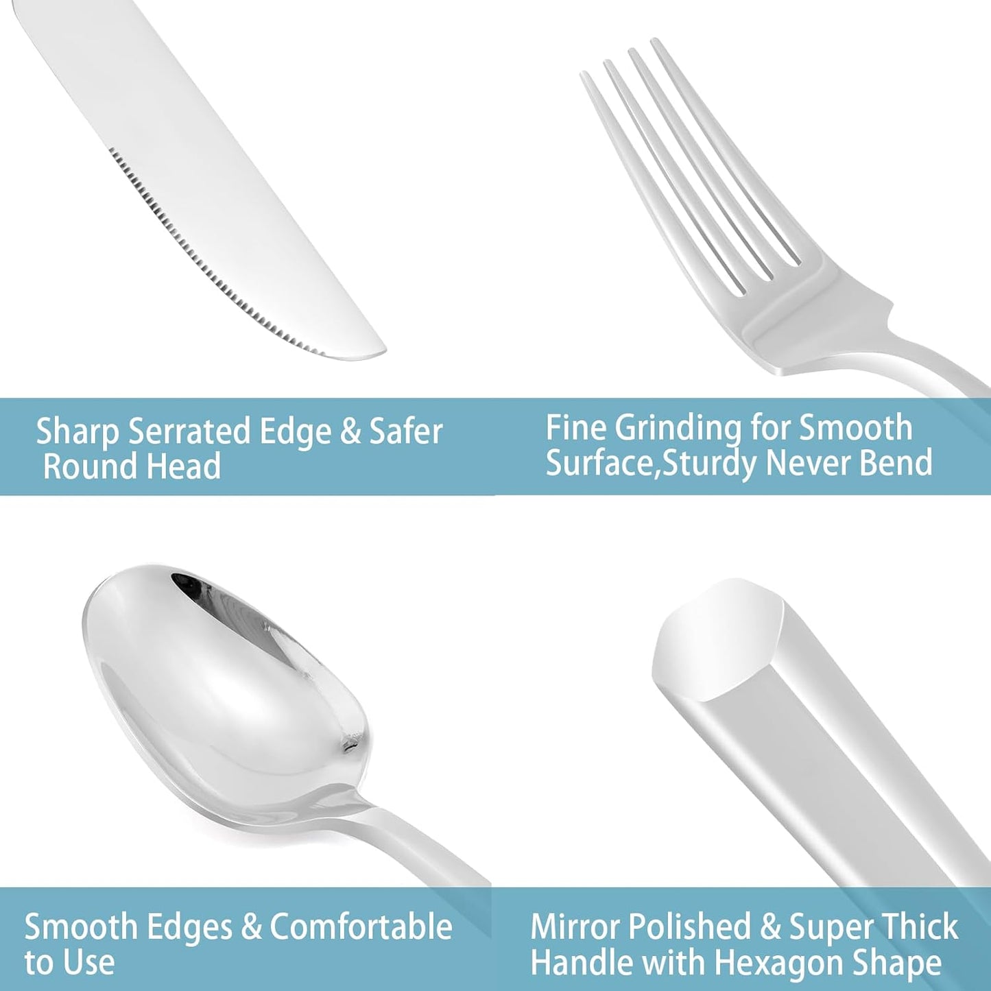 DEACORY Silverware Set Flatware Set Cutlery Set Stainless Steel Hexagon Handle Silver Mirror Finished 20 Pieces Service for 4